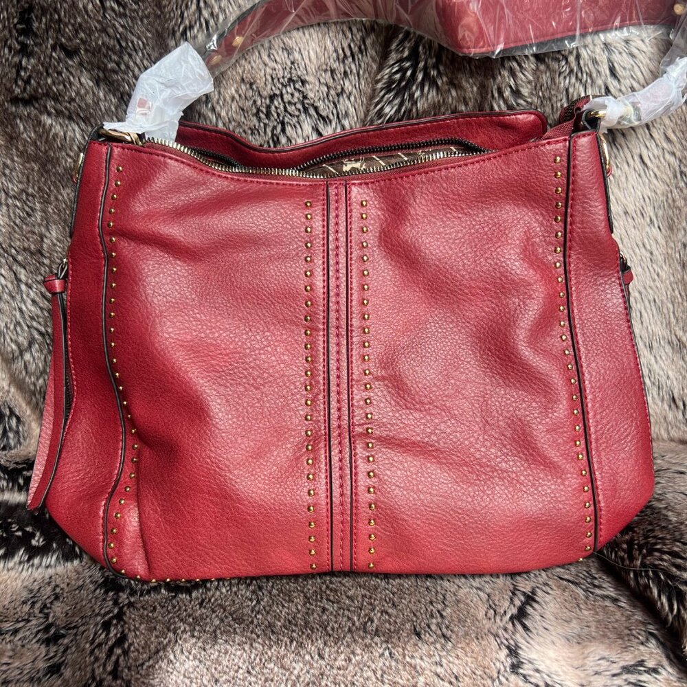 Montana West Red Large Leather Bag with Studded Shoulder Strap
